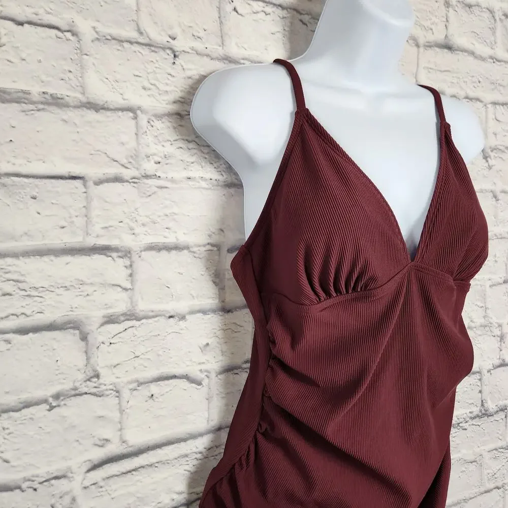 🌼NWT Cupshe Swimsuit Large One Piece Removable Cups Adj Straps Ribbed Burgandy - Picture 4 of 16